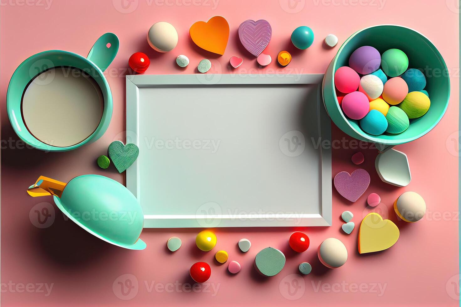 illustration of Valentine frame and banner. Red decoration. flat lay, romantic. Love and valentine day concept. Neural network generated art. Digitally generated image. photo