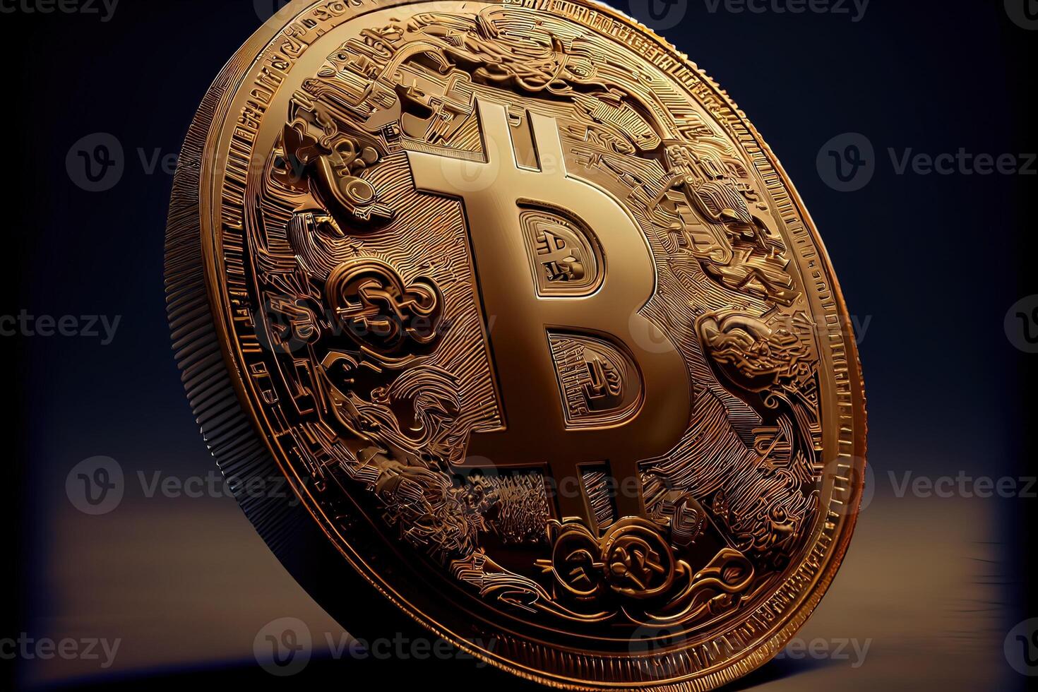 illustration of stunning rendering of a gold bitcoin, shiny golden texture with beautiful reflections, cinematic lighting photo