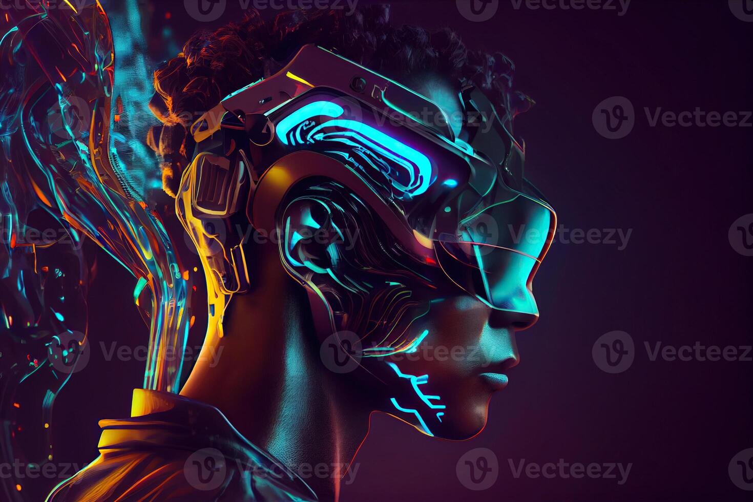 illustration of Metaverse concept and virtual world elements. Side view of human face in augmented or virtual reality headset inside the metaverse photo