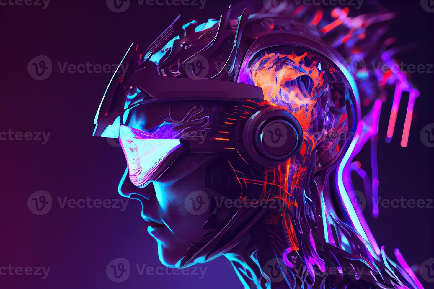 illustration of Metaverse concept and virtual world elements. Side view of human face in augmented or virtual reality headset inside the metaverse photo