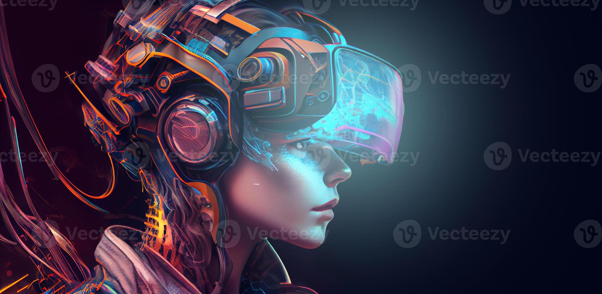 illustration of Metaverse concept and virtual world elements. Side view of human face in augmented or virtual reality headset inside the metaverse photo