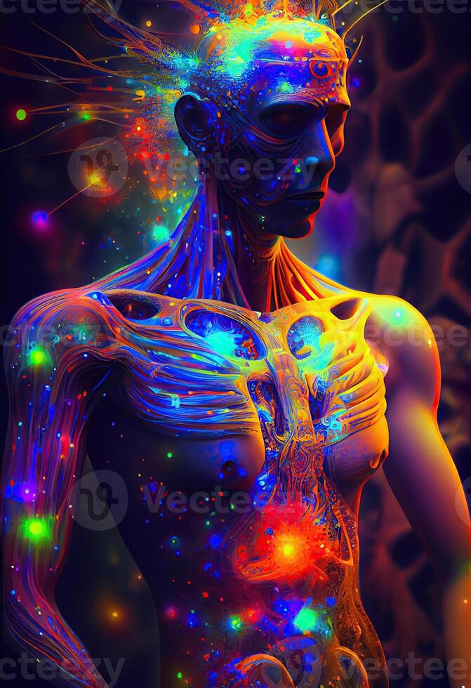 illustration of higher, yoga relax chill out dmt visions spirit. 7 colored chakras meditation DMT hallucinations. Multiverse connected through a nervous system - trippy psychedelic photo
