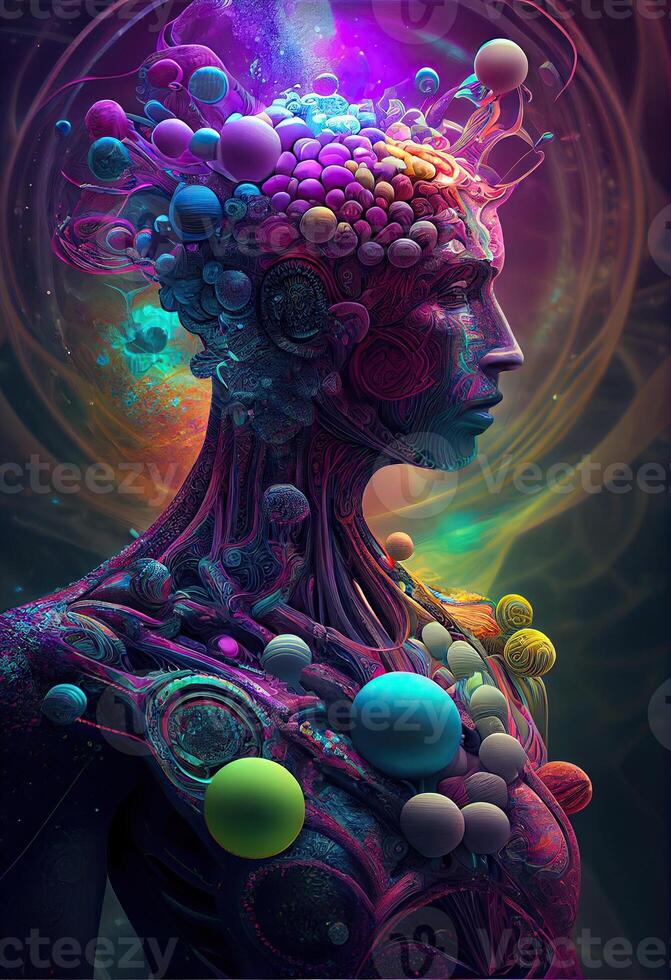 illustration of higher, yoga relax chill out dmt visions spirit. 7 colored chakras meditation DMT hallucinations. Multiverse connected through a nervous system - trippy psychedelic photo