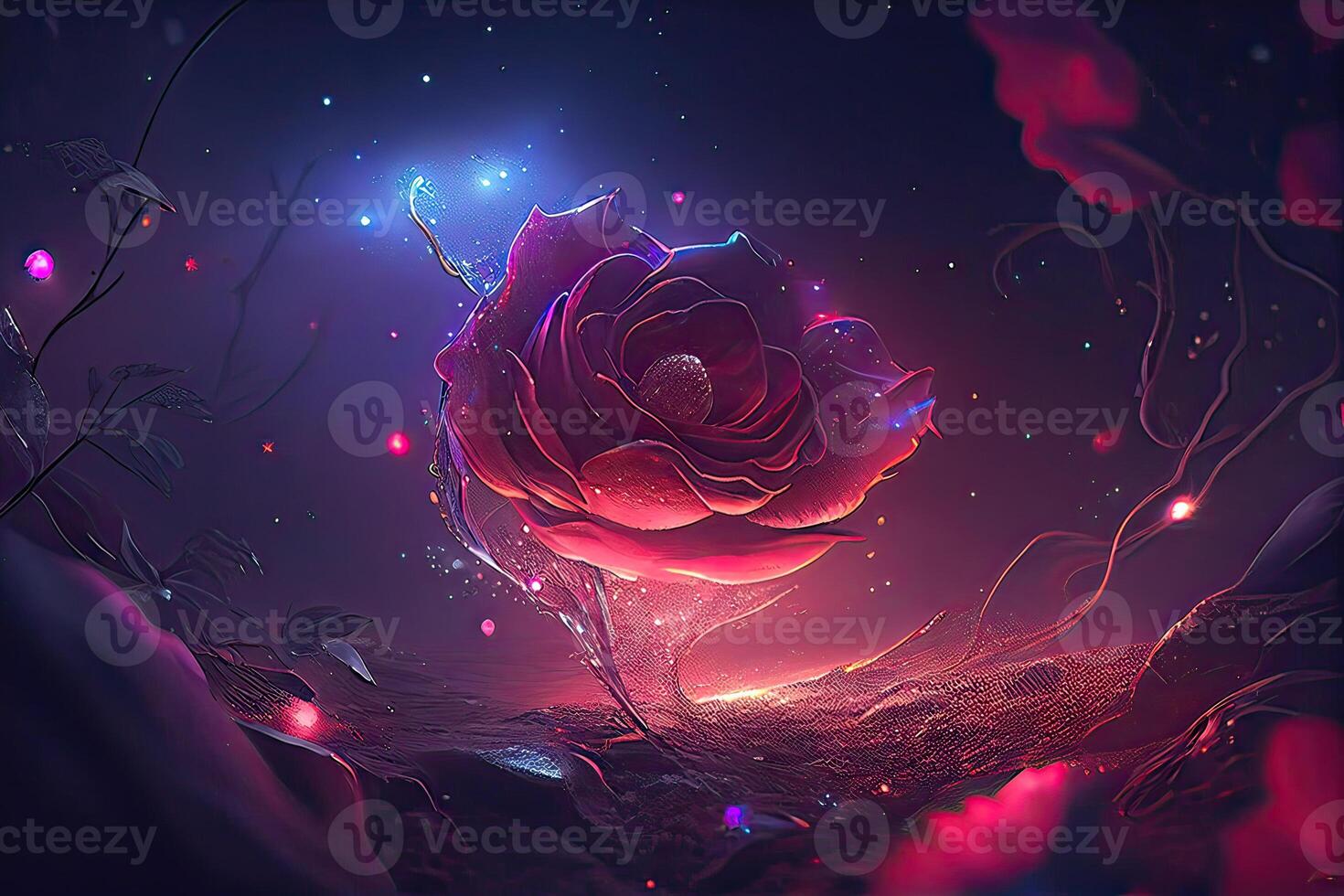 generativo ai ilustración de vida con brillante estrella Oceano y luminoso bordado en un rojo Rosa foto