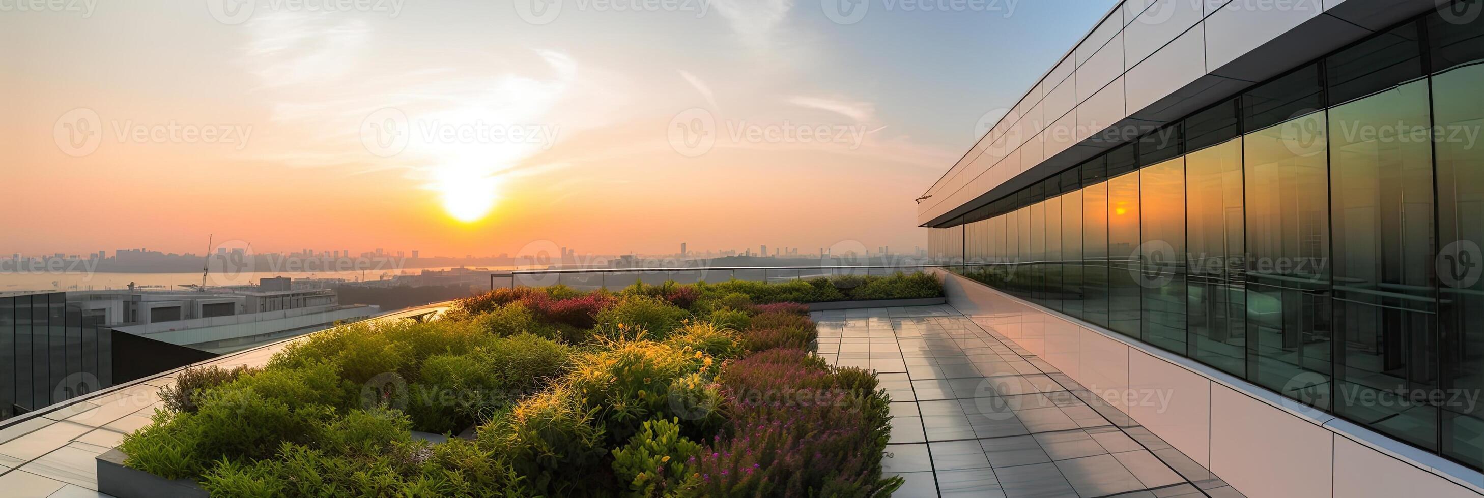 illustration of Gorgeous garden on the rooftop of a contemporary glass office building in Asia photo