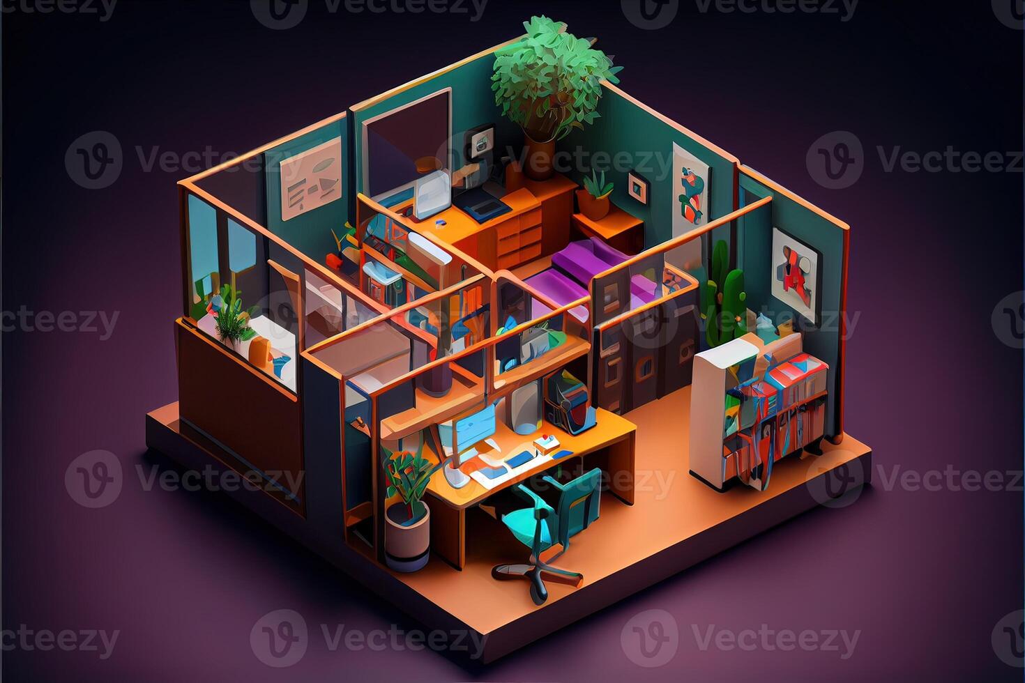 illustration of Office on smart phone, isometric diorama, land plot, pop color, colorful. Digitally generated image photo