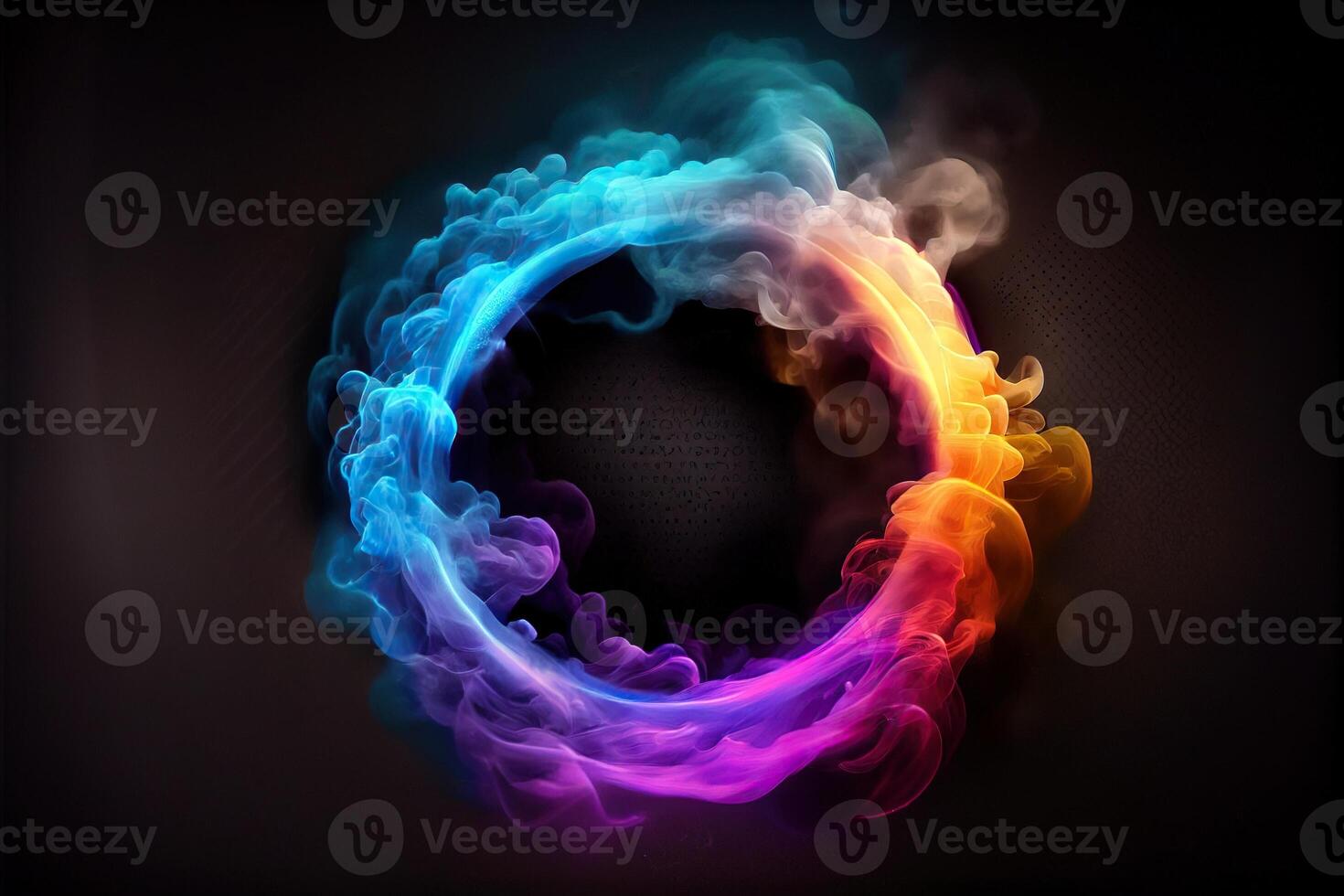 illustration of neon smoke exploding outwards with empty center. Dramatic smoke or fog effect for spooky, hot lighting ring circle photo