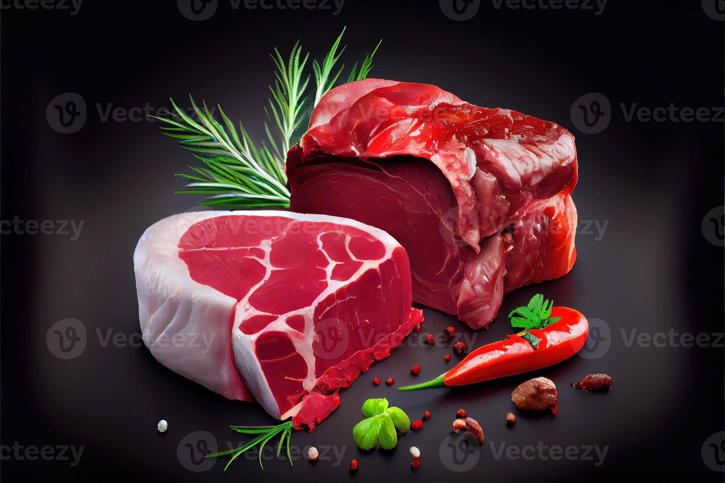 illustration of variety of raw beef meat steaks for grilling with seasoning and utensils, assorted raw beef meat, fresh raw beef steaks on wooden board photo