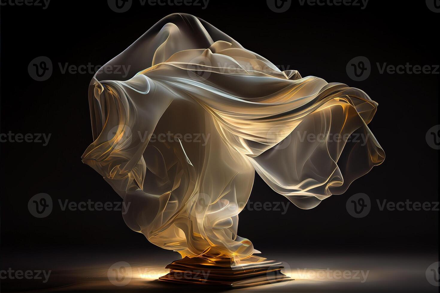 illustration of levitating moving twisting translucent cloth covering glowing objects in dark background photo