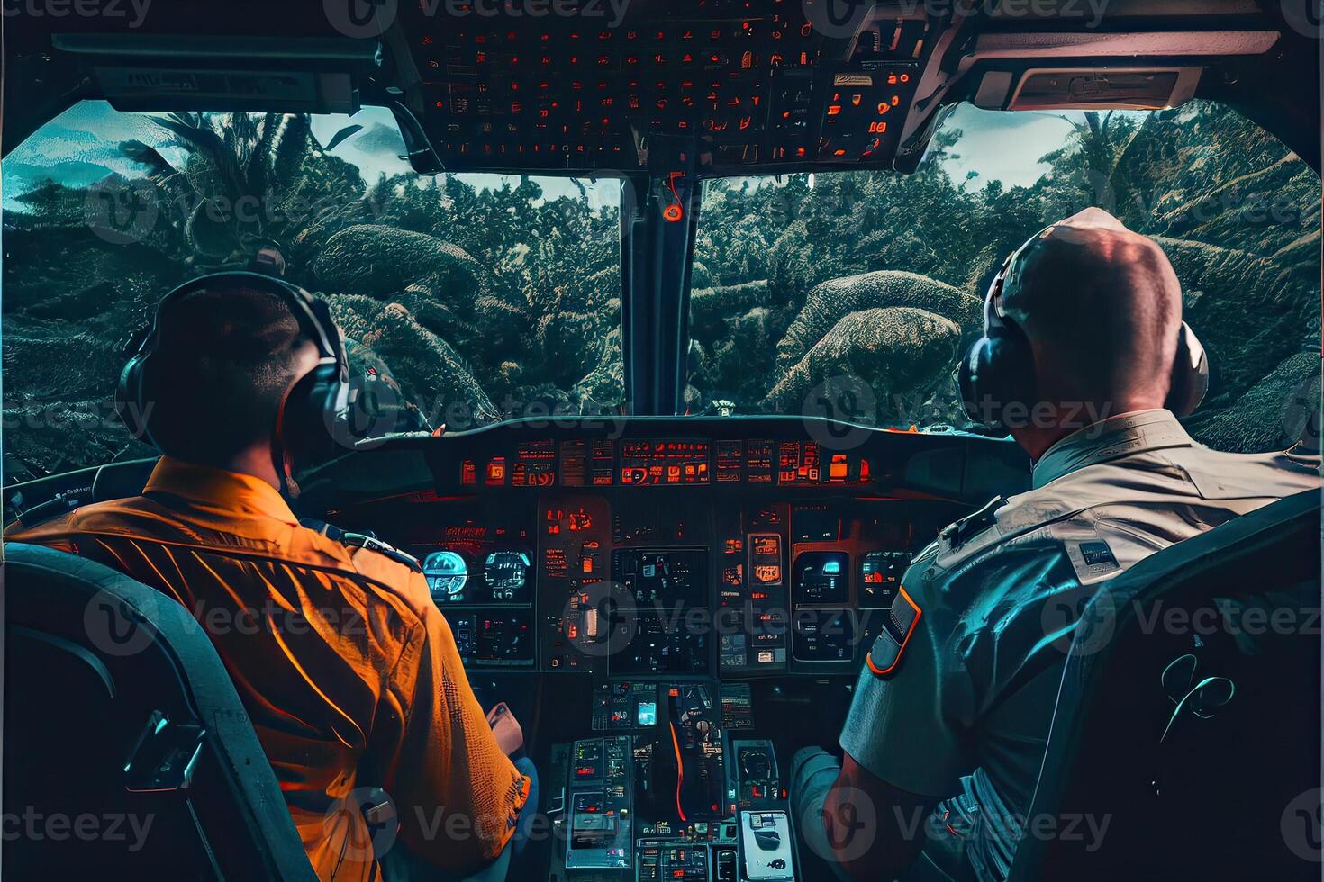 illustration of aircraft flight deck. The pilots at work. View from airplane cockpit photo