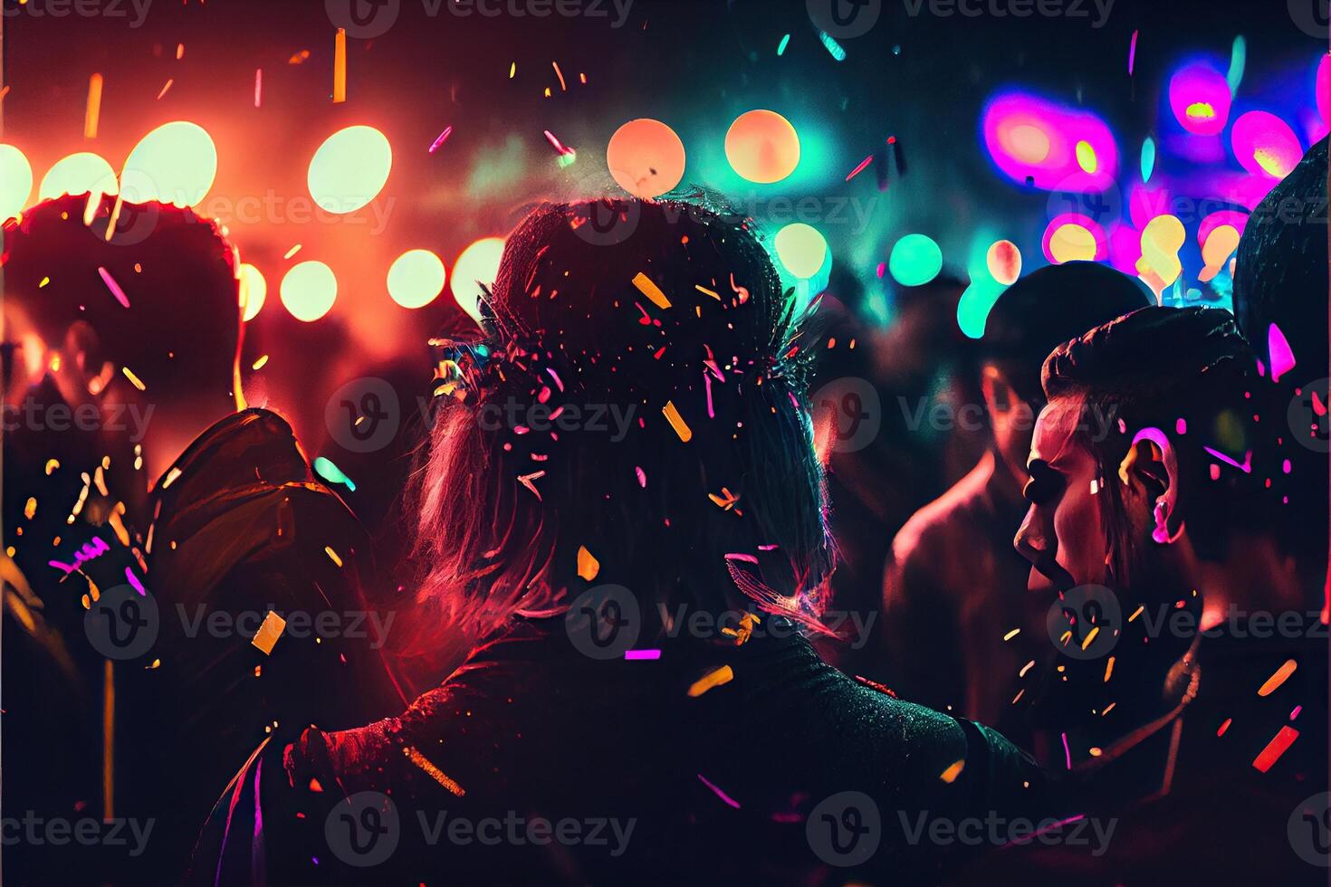 illustration of New Year's Eve party background, pop color, group of people dancing and joyful, countdown, neural network generated art. Digitally painting, generated image. photo