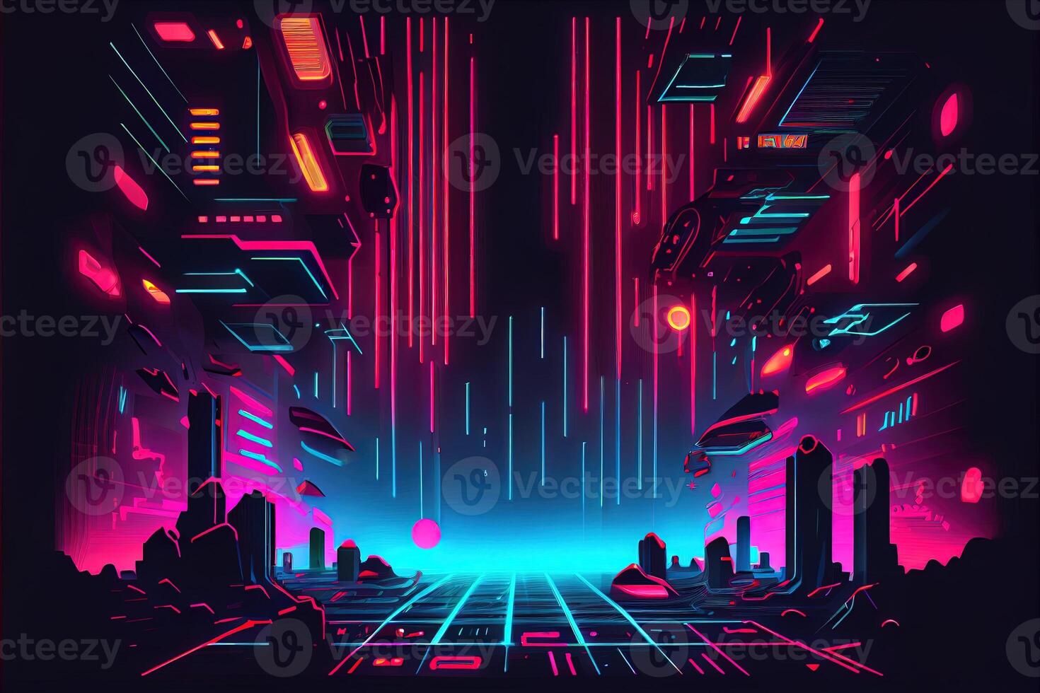 illustration of gaming background, abstract cyberpunk style of gamer wallpaper, neon glow light of scifi fluorescent sticks. Digitally generated image photo