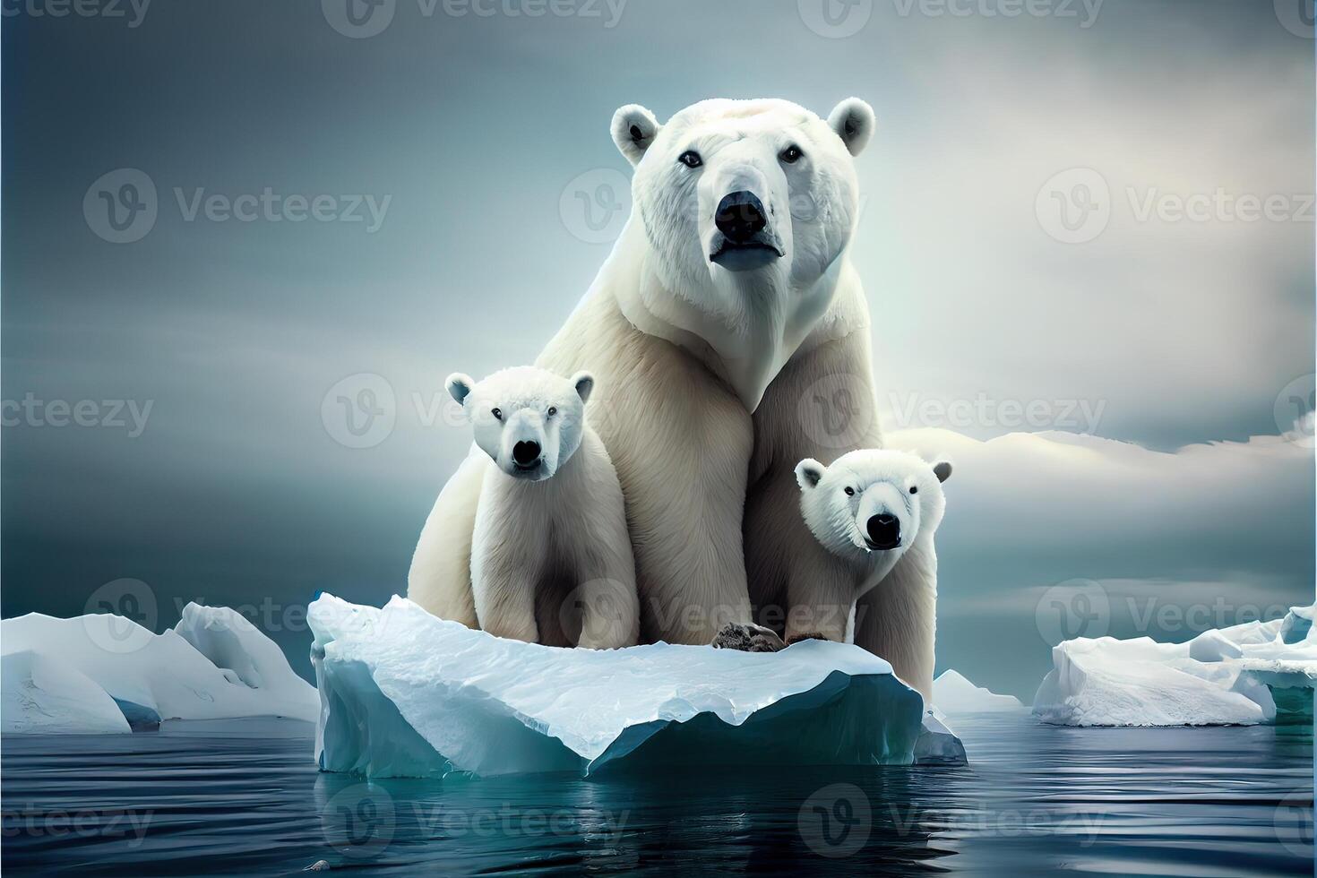 generativo ai ilustración de familia blanco oso en iceberg, Aurora cielo foto