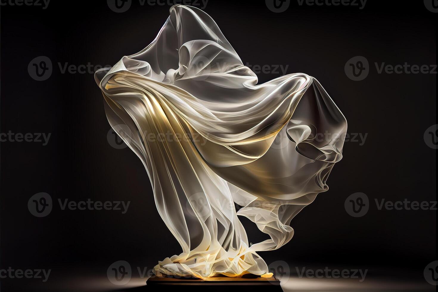illustration of levitating moving twisting translucent cloth covering glowing objects in dark background photo