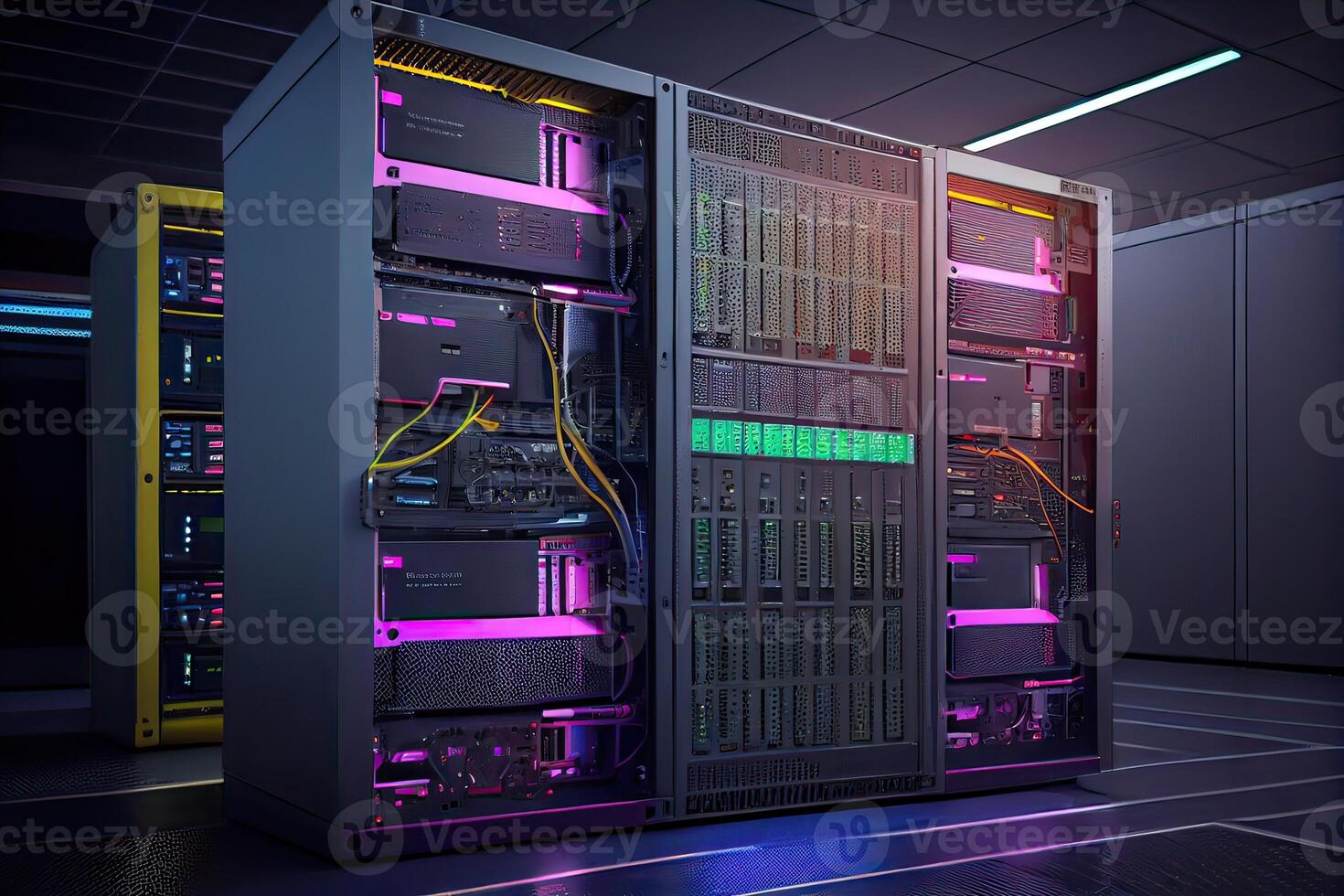 illustration of a platform for hosting contemporary Internet contents. Rack housing server data storage hardware. The equipment in the data center is connected by a lot of network cables photo