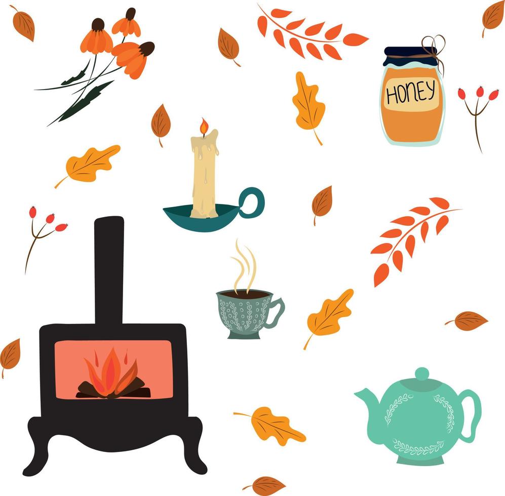 Cozy autumn. Vector set. Fireplace, tea, autumn evening. High quality vector image.