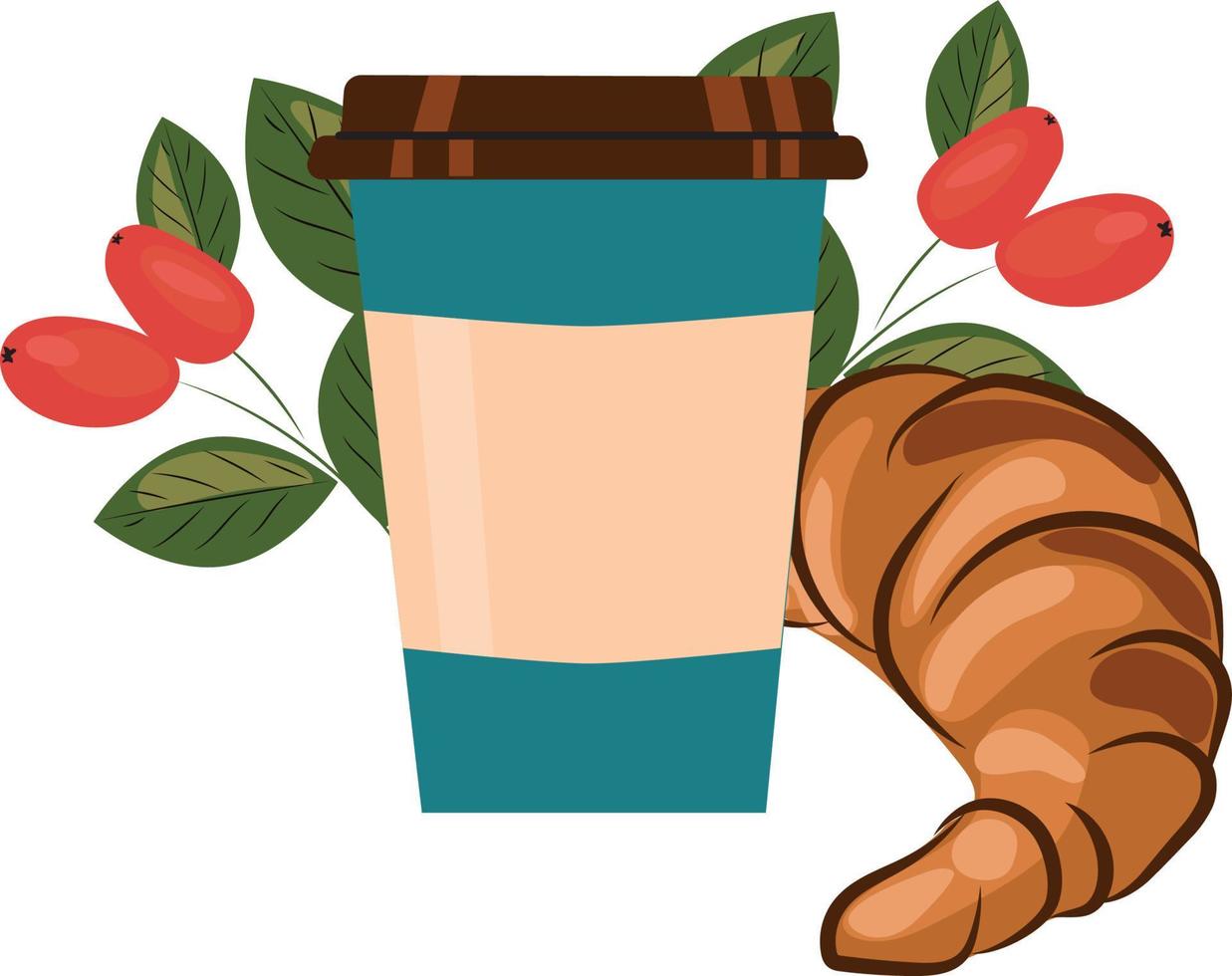 High quality vector image. Glass of coffee and croissant. Place for an inscription.