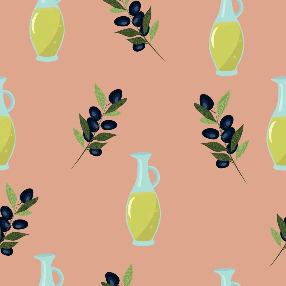 A bottle of olive oil and a branch of olives. Pattern. High quality vector illustration.