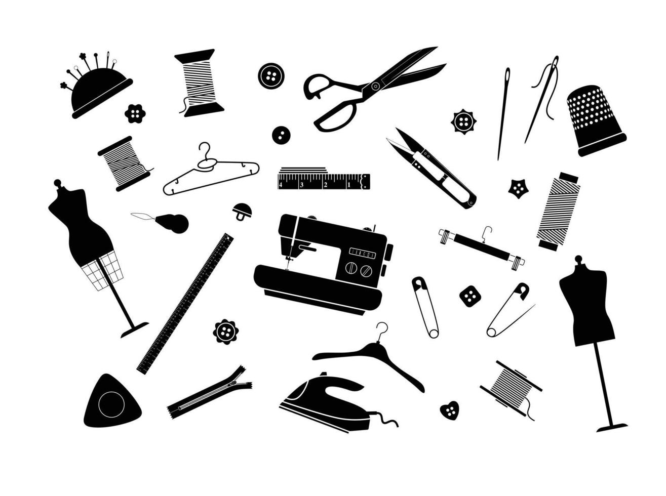 Set of sewing elements silhouette flat vector on a white background. 23 elements for tailors. Sewing concept icons