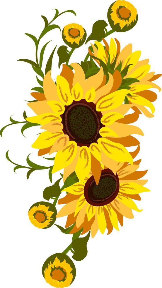 vector floral composición con girasoles, hojas, follaje, sucursales, helecho hojas y sitio para tu texto.