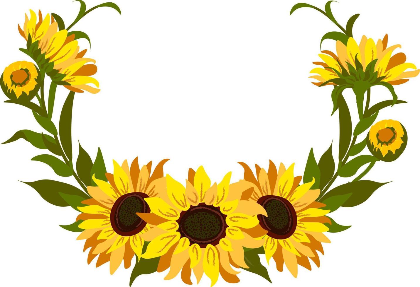 vector floral composición con girasoles, hojas, follaje, sucursales, helecho hojas y sitio para tu texto.