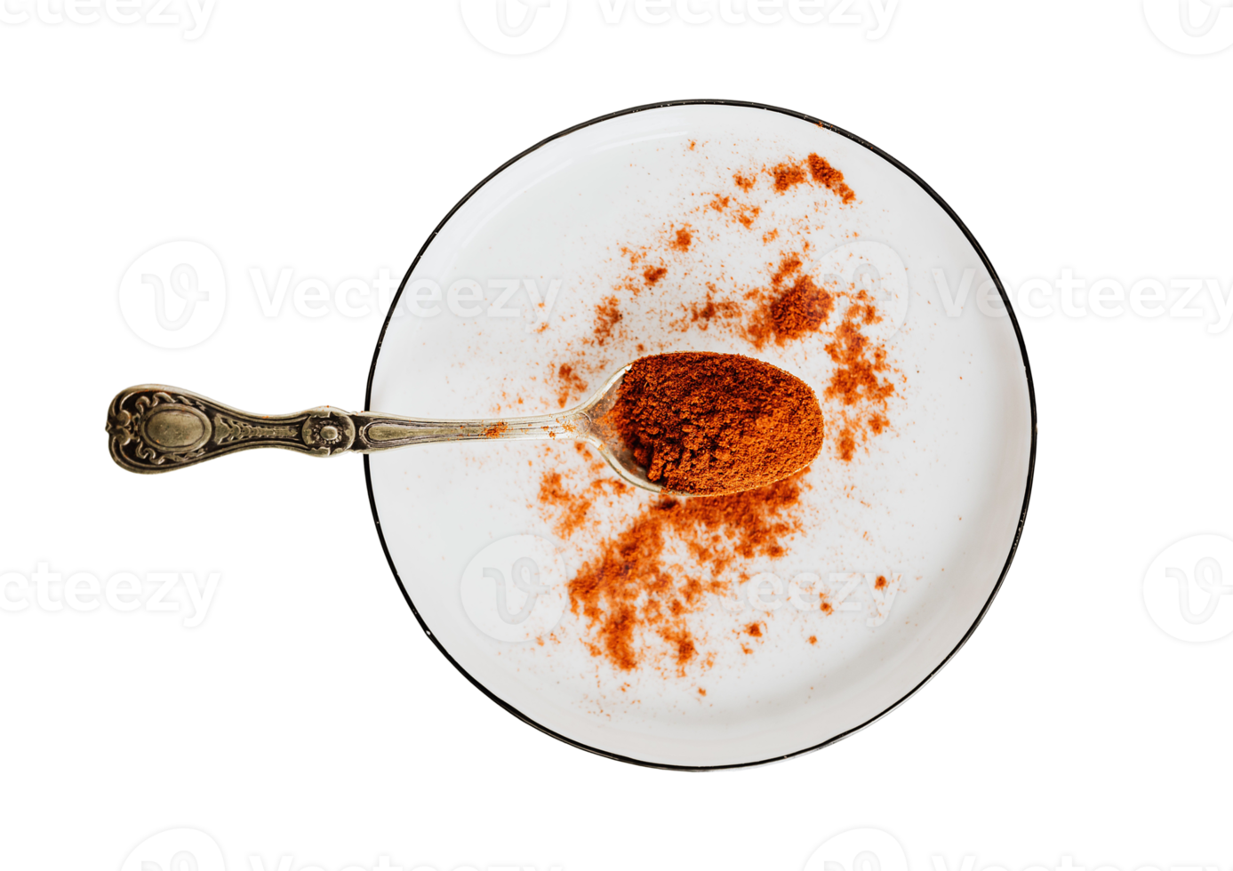 White plate and spoon with seasoning isolated on a transparent background png