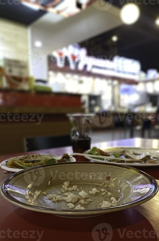 dirty and empty plates on the restaurant table photo