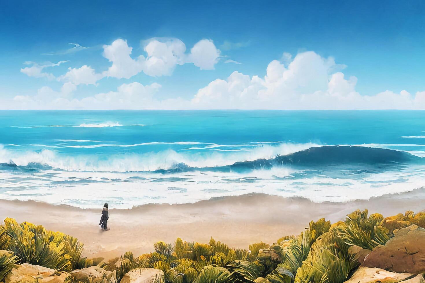 Seascape with surf waves against a blue sunny sky with . photo