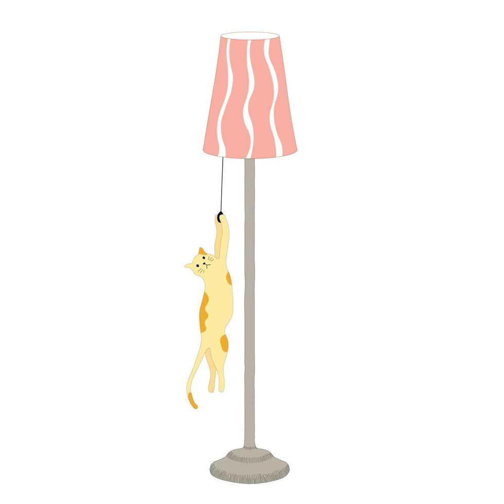 Cute cat isometric vector in cartoon style. Cat plays with floor lamp. Collection of cats and furniture.