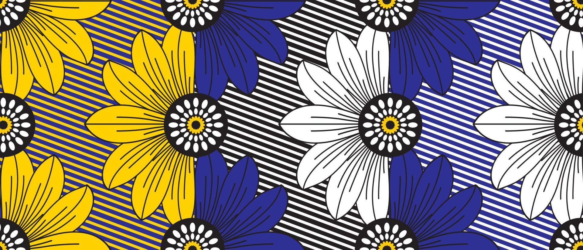 African wax print pattern. seamless beautiful Kitenge, chitenge, dutch wax, and Angara style. fashion design in colorful. yellow, blue, and white botanical flowers. African Wax Print Fabric. vector