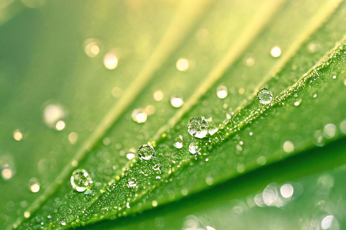 Water drops sparkle on leaf in sunlight with . photo