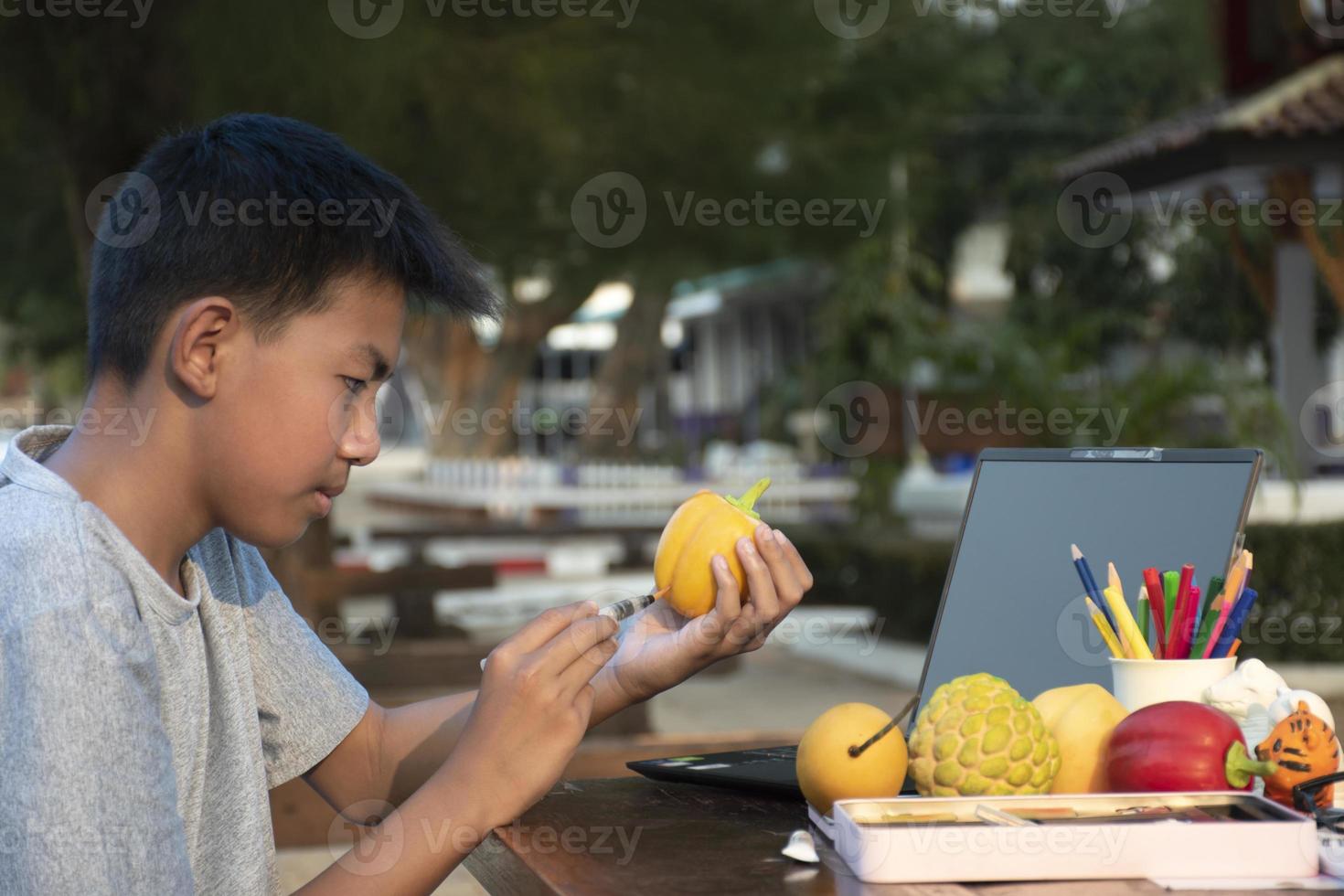 Asian boy holds paintbrush and yellow bell pepper which molded from plaster, coloring and painting outer surface with same color during his free times, idea for hobby and art learning. photo