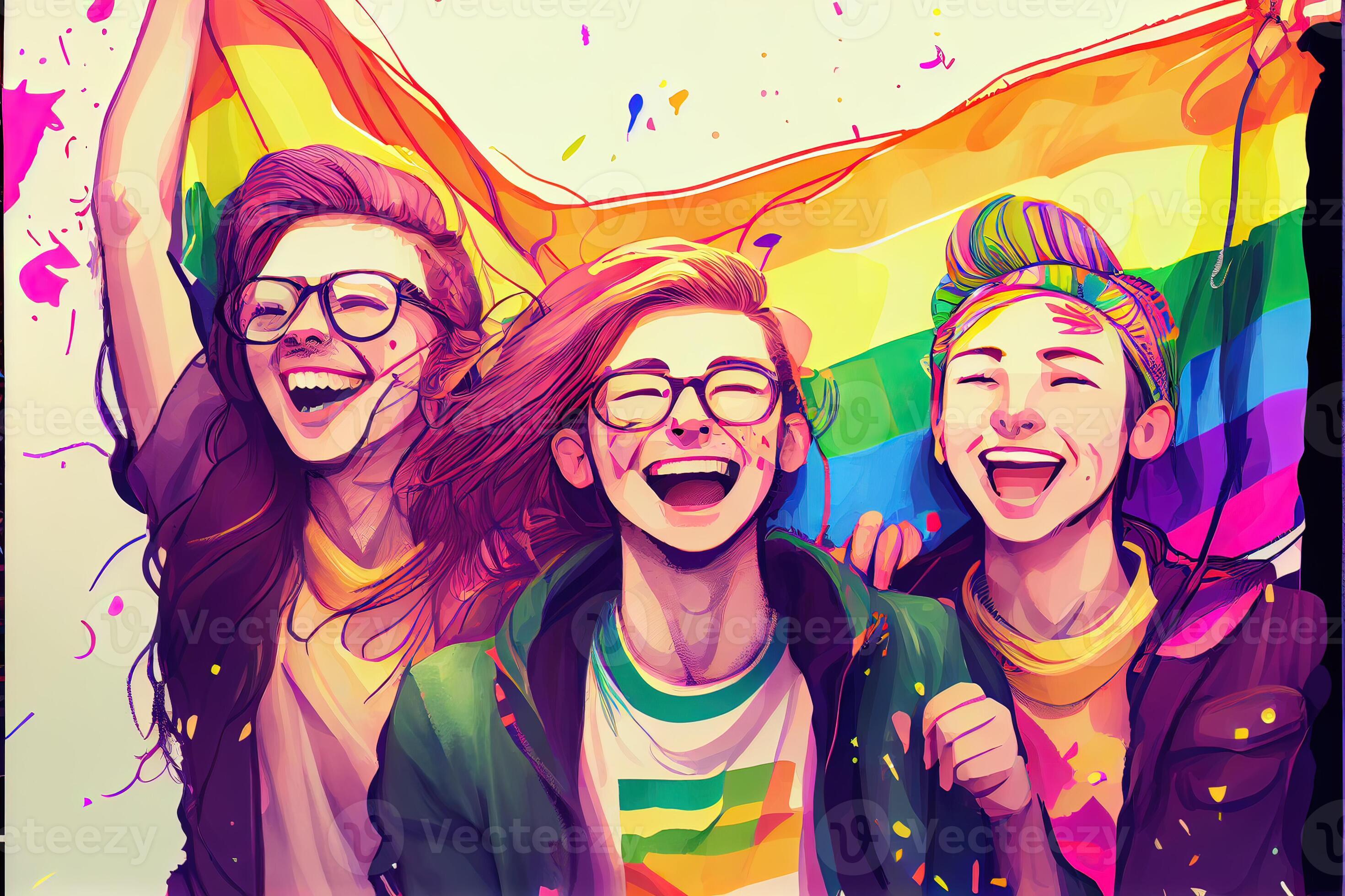 illustration of Diversity young gay women and men with waving pride ...