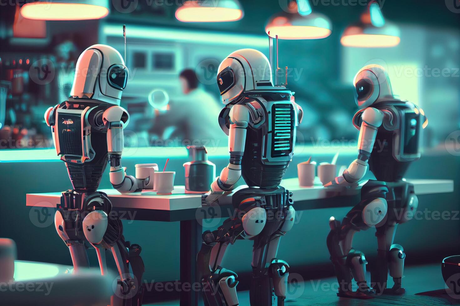 illustration of a futuristic robot cafe with a wide range of robot customers, where robots of all shapes and sizes come to enjoy a cup of java or a sweet treat photo
