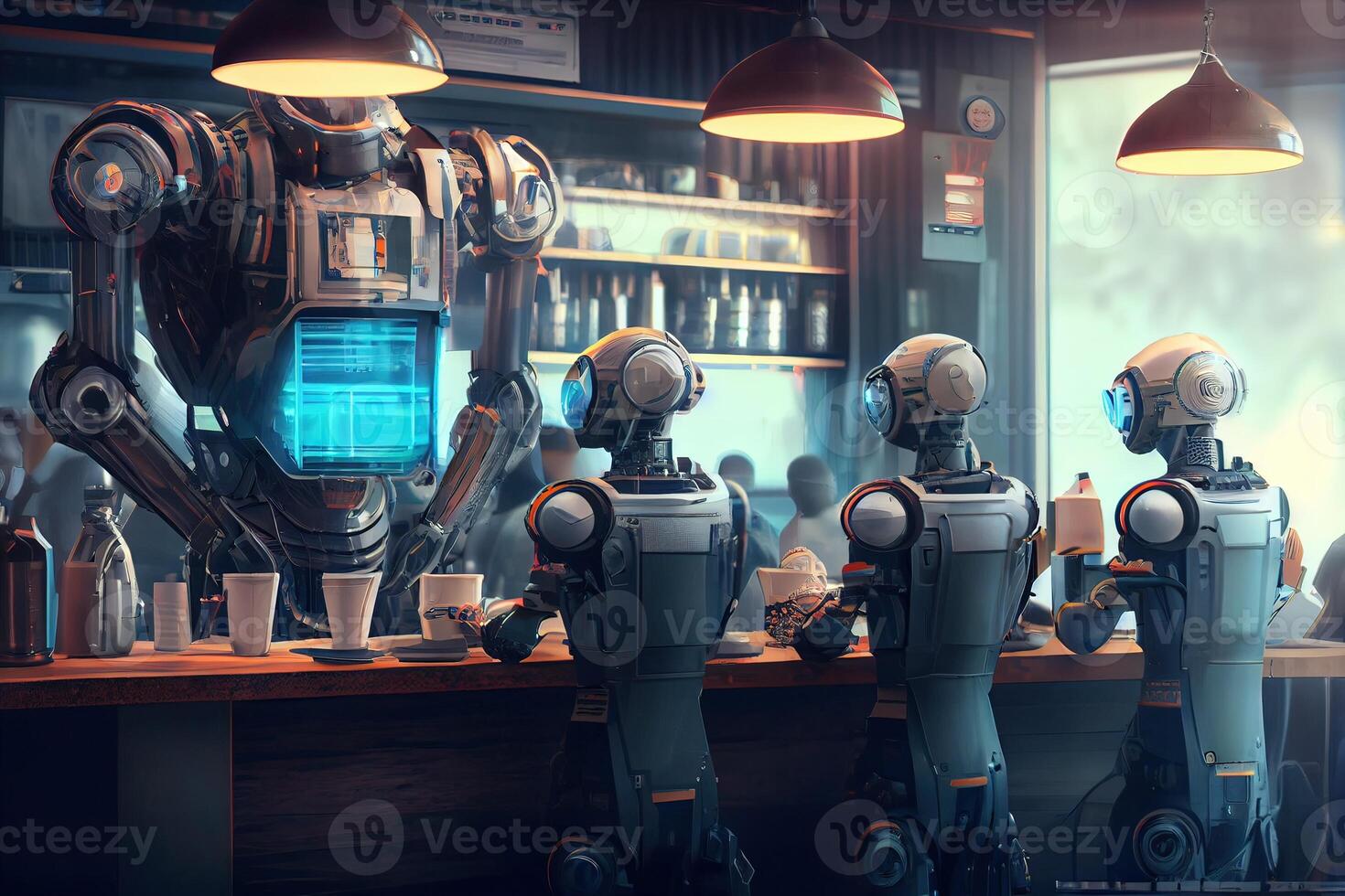 illustration of a futuristic robot cafe with a wide range of robot customers, where robots of all shapes and sizes come to enjoy a cup of java or a sweet treat photo