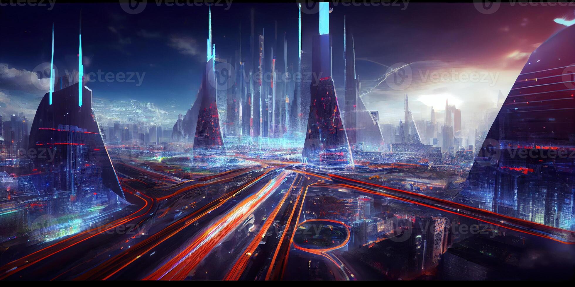 illustration of fantasy futuristic city with highways and skyscrapers, cyber city photo