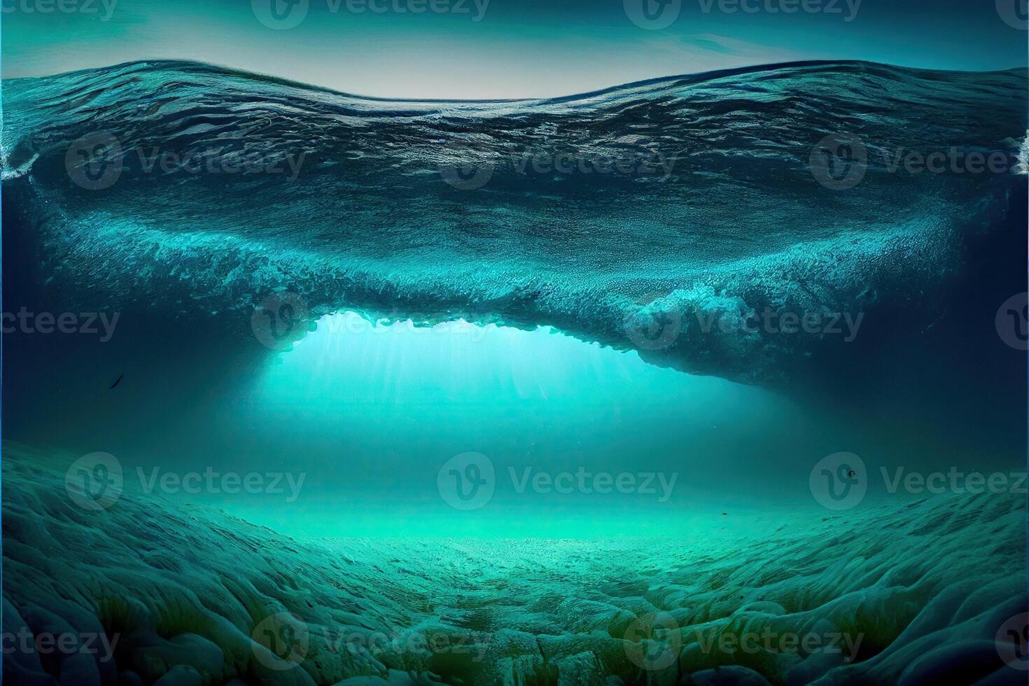 illustration of Ocean depth. Underwater empty landscape, ocean bottom, sea wave photo