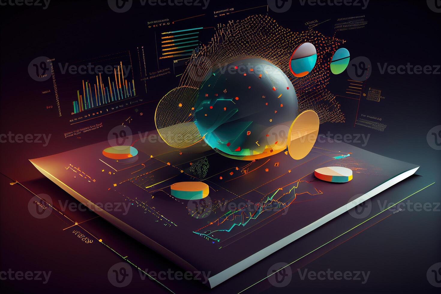 generativo ai ilustración de cripto mercado datos, cuadro, silueta cripto moneda mercado, isométrica, vistoso degradado antecedentes foto