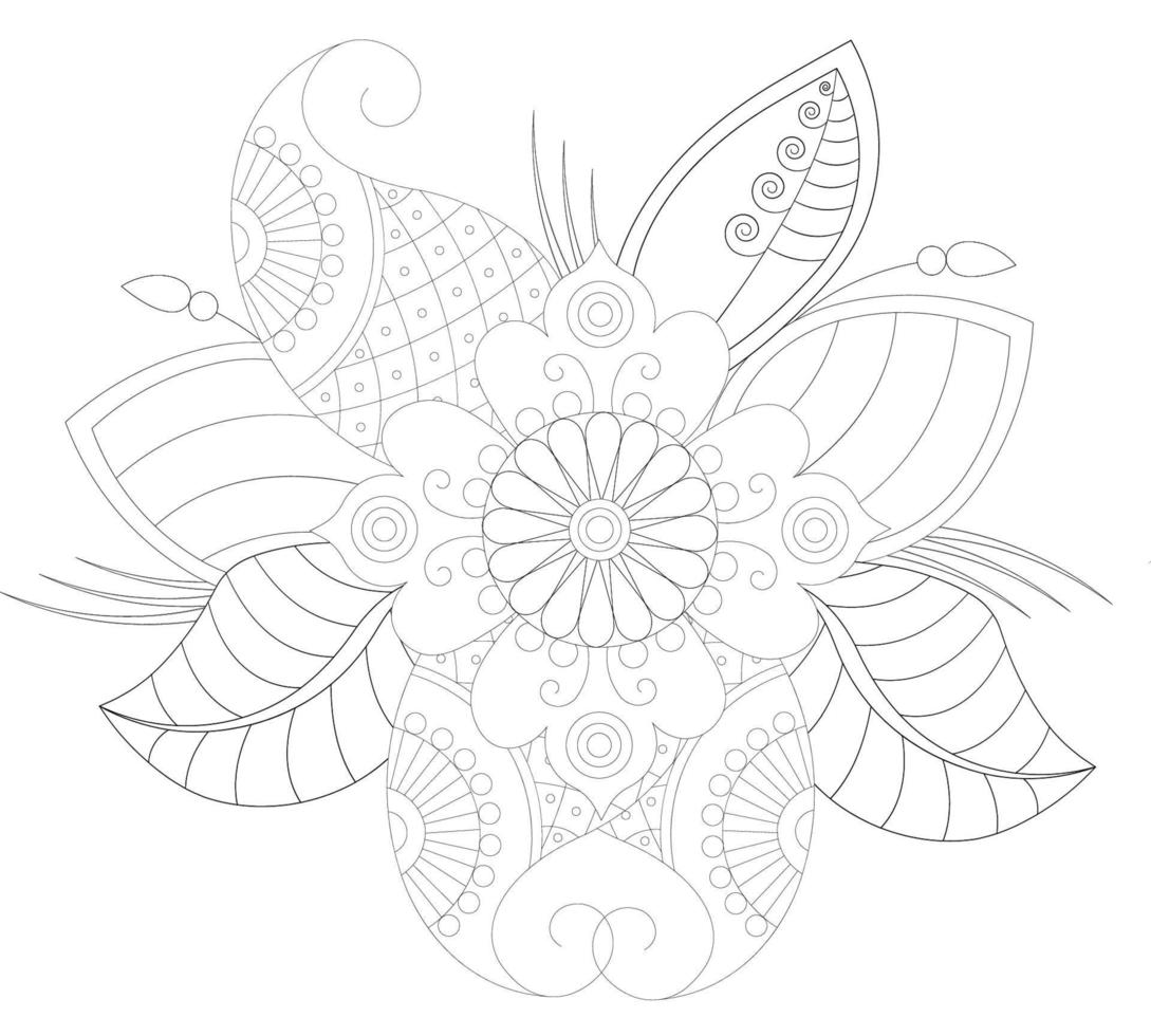 Adult coloring page with floral style. Outline flower pattern in mehndi style. Doodle ornament in black and white. Free Vector