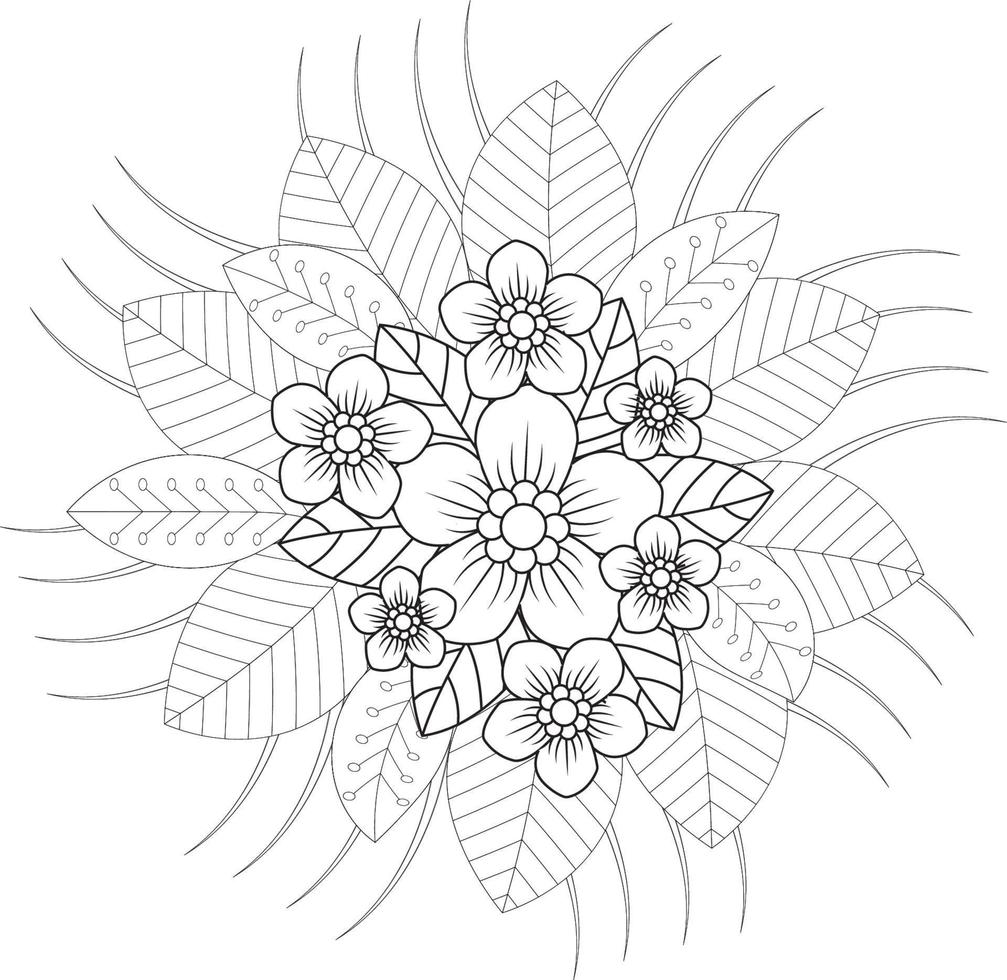 Adult coloring page with floral style. Outline flower pattern in mehndi style. Doodle ornament in black and white. Free Vector