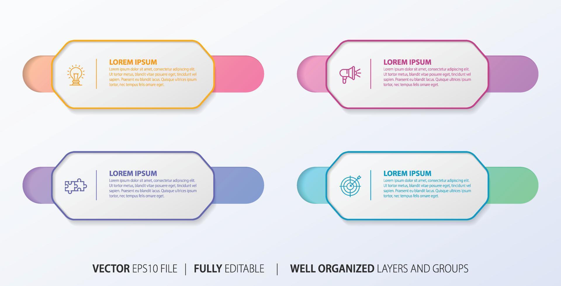 Four numbered rectangular frames placed in horizontal row. Concept of 4 stages of marketing strategy. Modern flat infographic design template. Simple vector illustration for business presentation