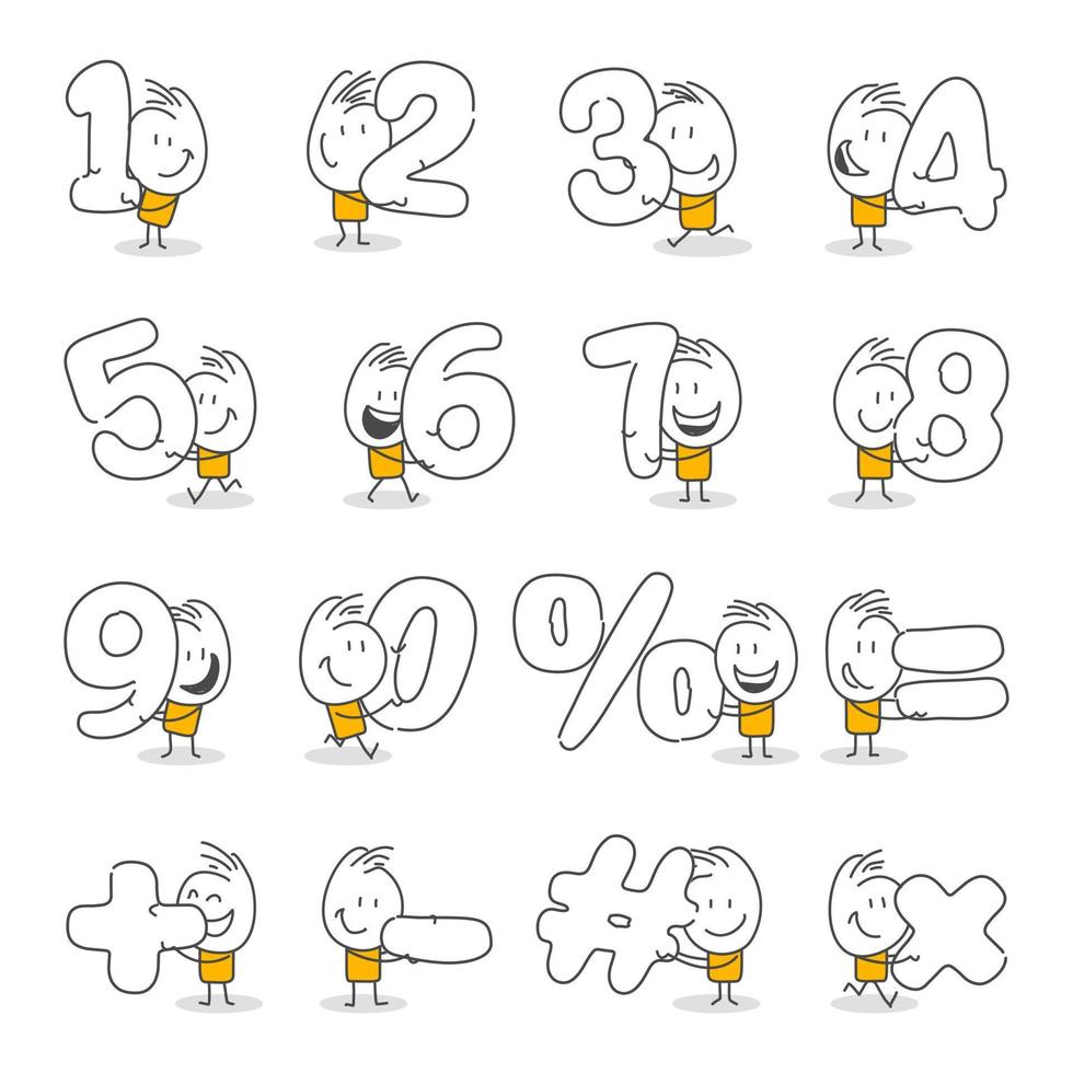 Stick figures. Numbers. Hand drawn doodle line art cartoon design character. vector