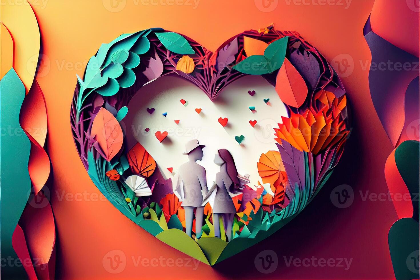 illustration of origami Valentine day background, happy couple, colorful. Paper cut craft, 3d paper style. Neural network generated art. Digitally generated image photo