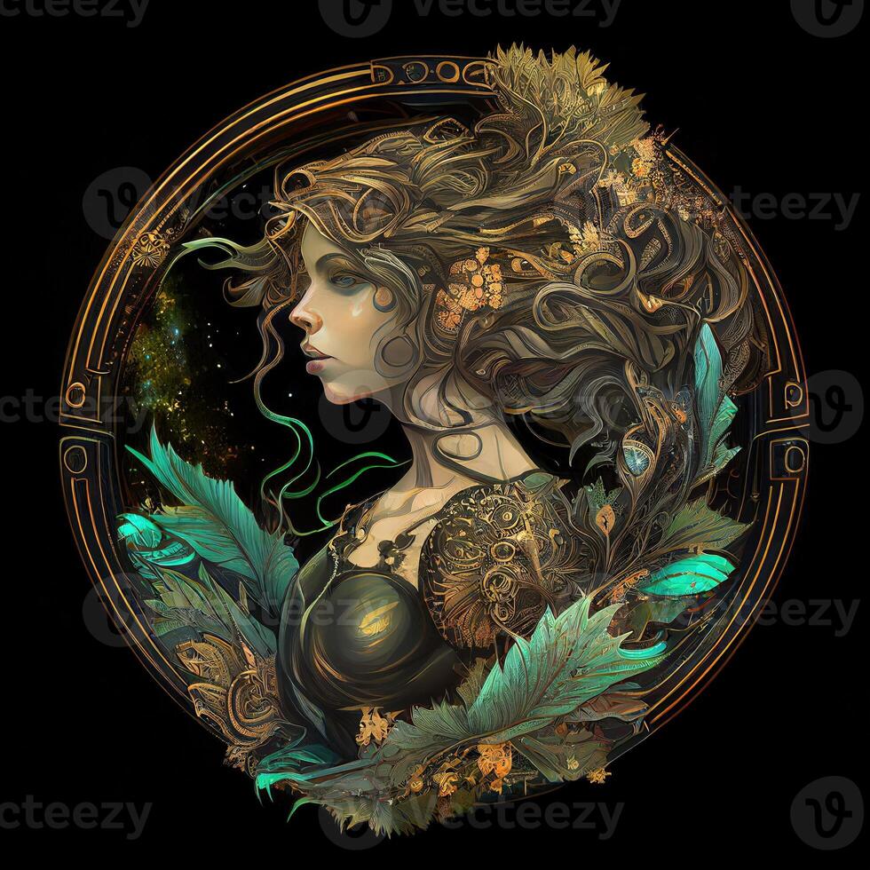 illustration of cyberpunk Zodiac sign with a forest growing on shoulders, galaxy, centered inside intricate gold circle of foliage photo