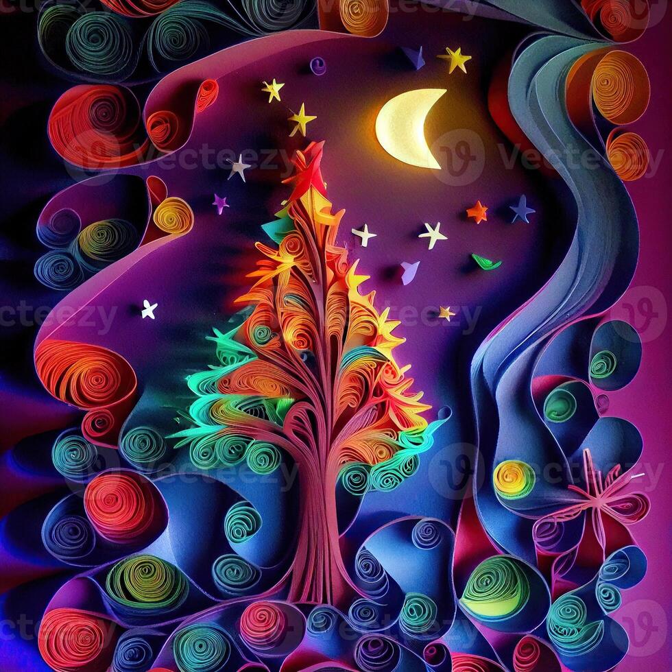illustration of photo paper cut quilling multidimensional paper cut, craft paper illustration, christmas tree and colored lights vine stars, pop color. Neural network generated art.
