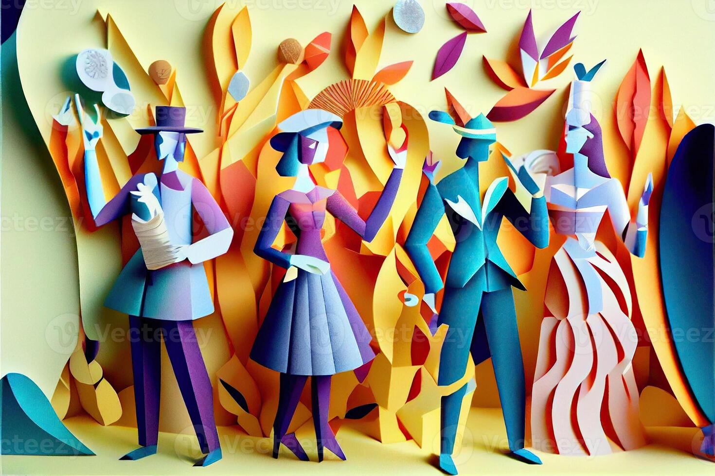 illustration of People in New Year's Eve party background, men and women celebrating holidays together, partying, cheering and dancing. Paper cut craft, 3d paper illustration style. photo