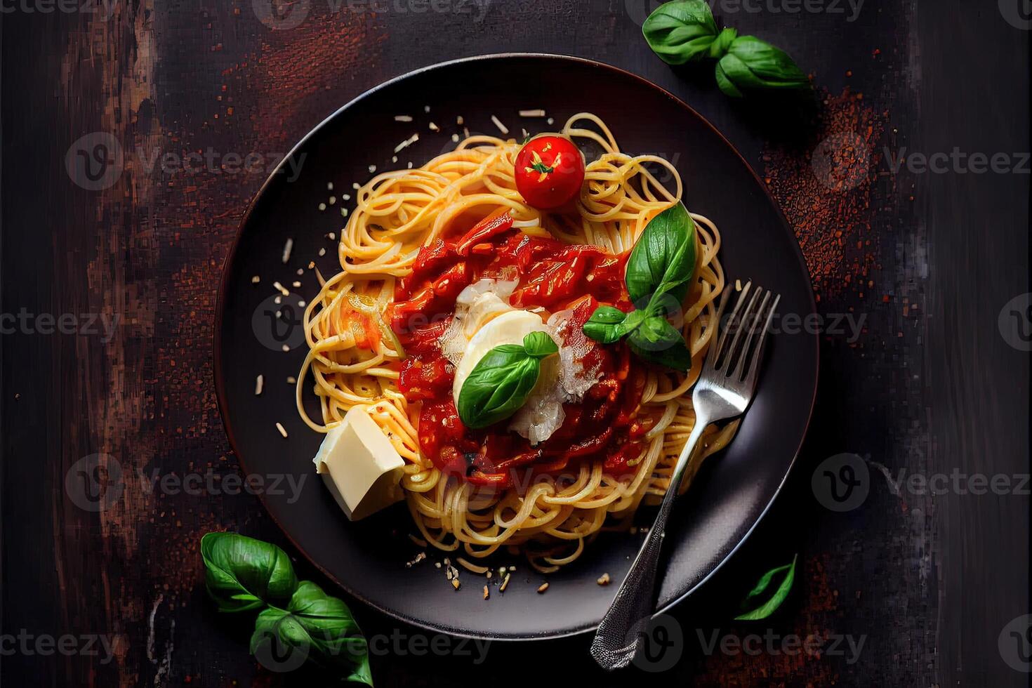 generativo ai ilustración de sabroso apetitoso clásico italiano espaguetis pasta con tomate salsa, queso parmesano y albahaca en plato en oscuro mesa. ver desde encima foto