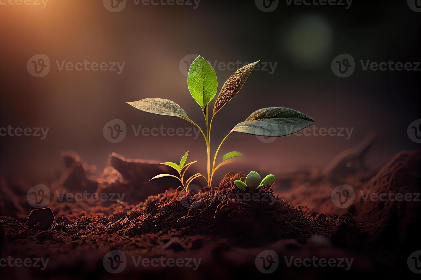 illustration of a new life idea. Springtime sees little plants on the ground, developing plant and dawn light, fresh, seed, image with a modern agricultural theme photo