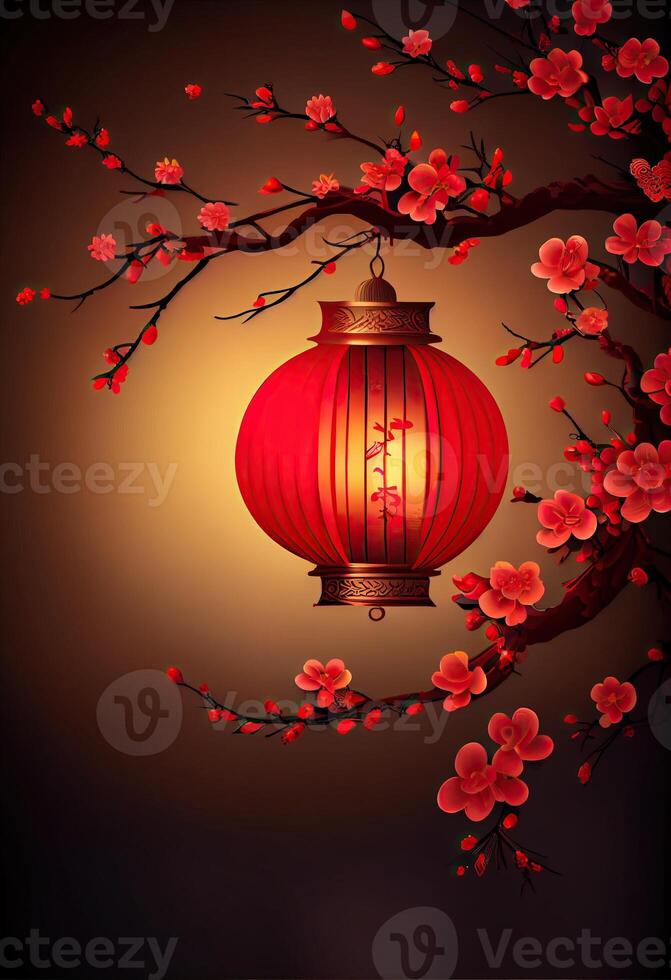 illustration of Chinese traditional red festival background with a chinese red plum blossom, lantern, spring festival, new year, chinese traditional culture element photo