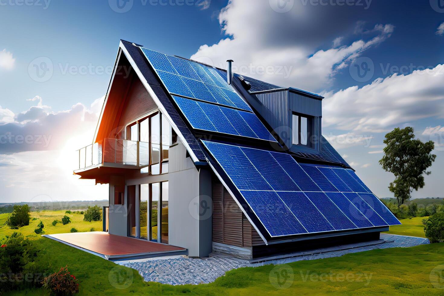 illustration of a newly constructed houses with solar panels on the roof under a bright sky, a close up of a brand new structure with blue solar panels photo